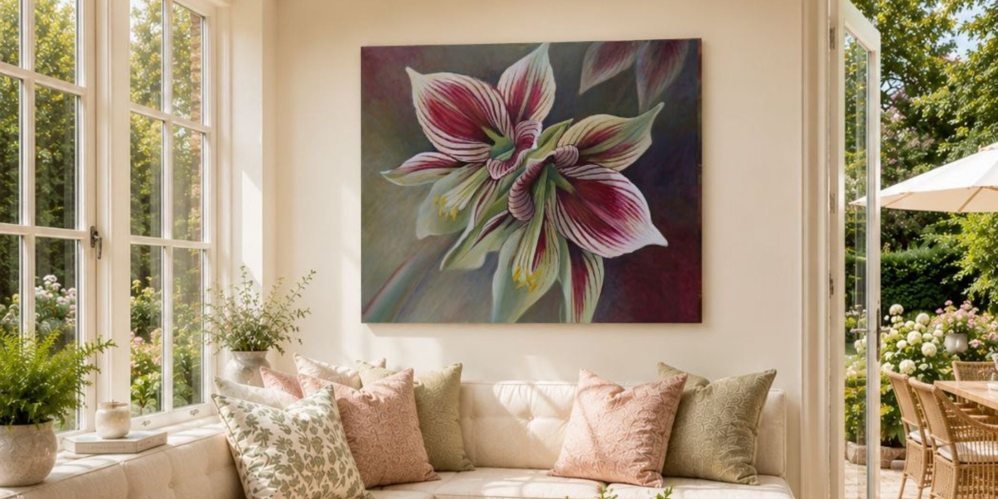 Living room with a floral painting on the wall, large windows, and outdoor view.